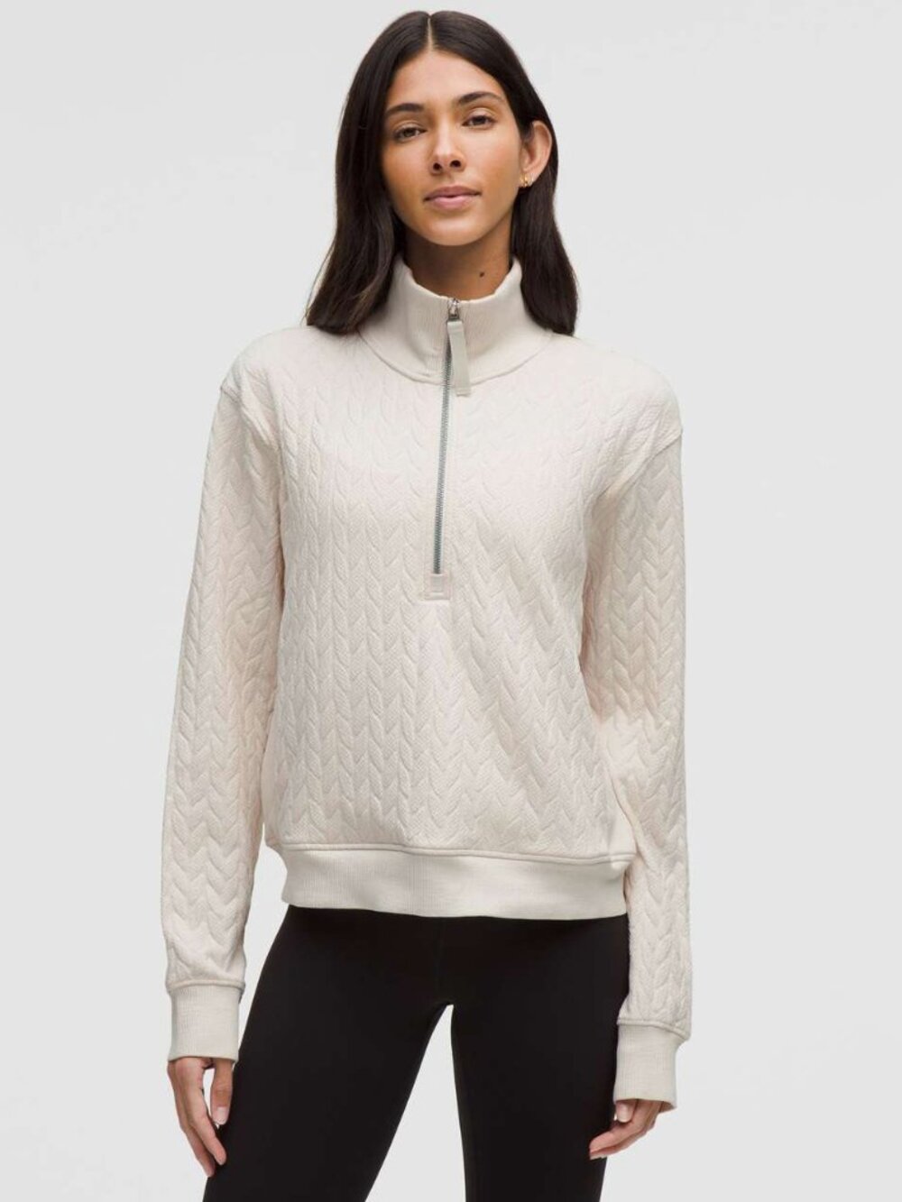 Lululemon "Engineered Warmth" Cable-knit Half Zp in "Bone", size 6??